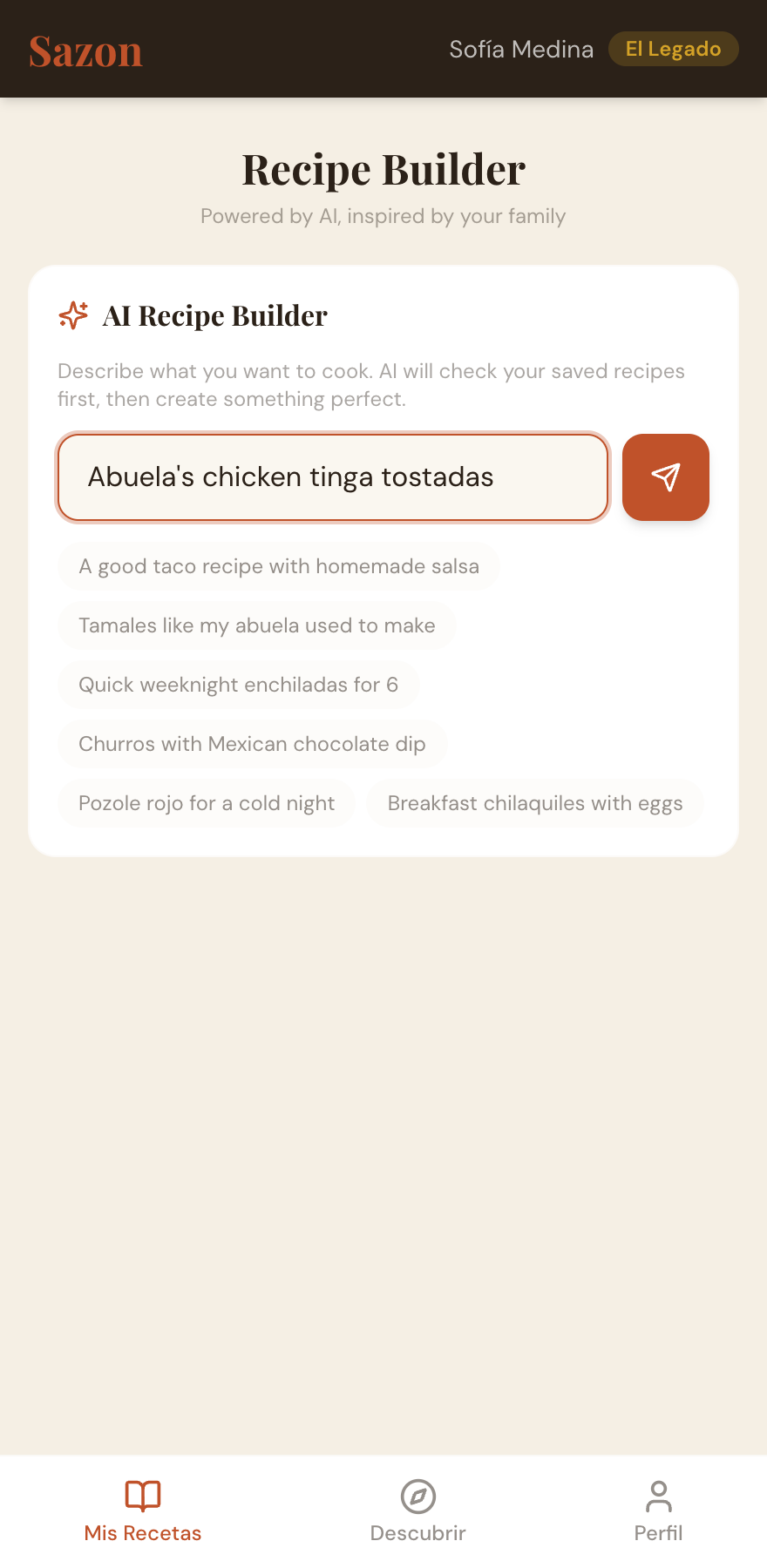 The AI Recipe Builder in Sazón