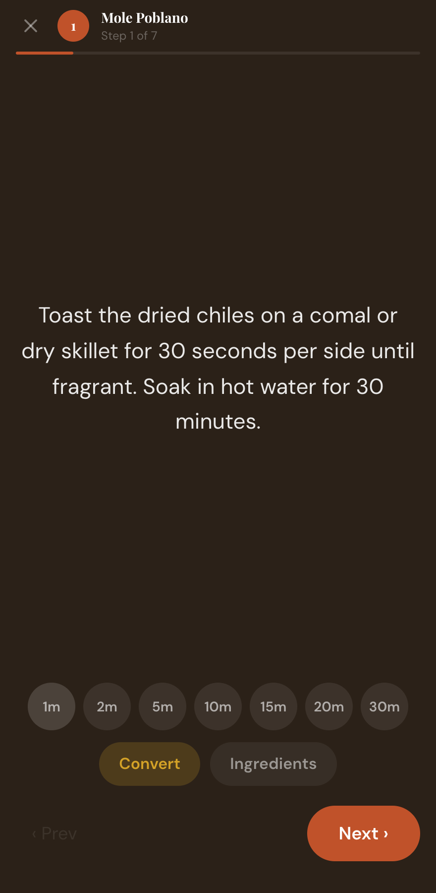 Cooking Mode in Sazón — big, hands-free steps