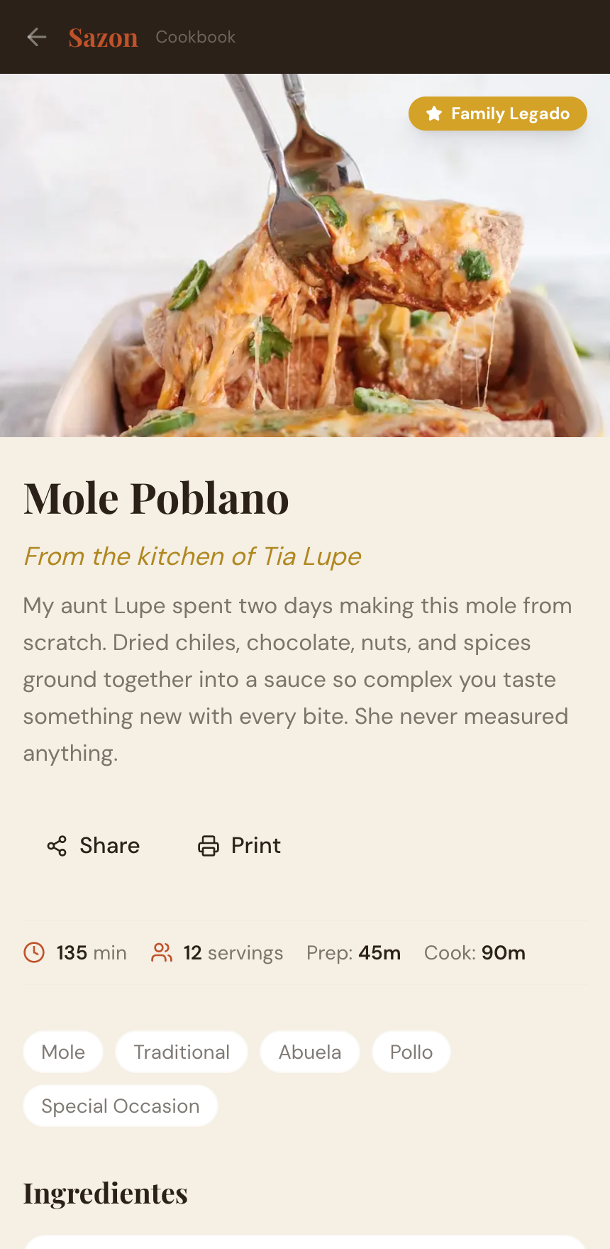 A recipe page in Sazón, badged El Legado